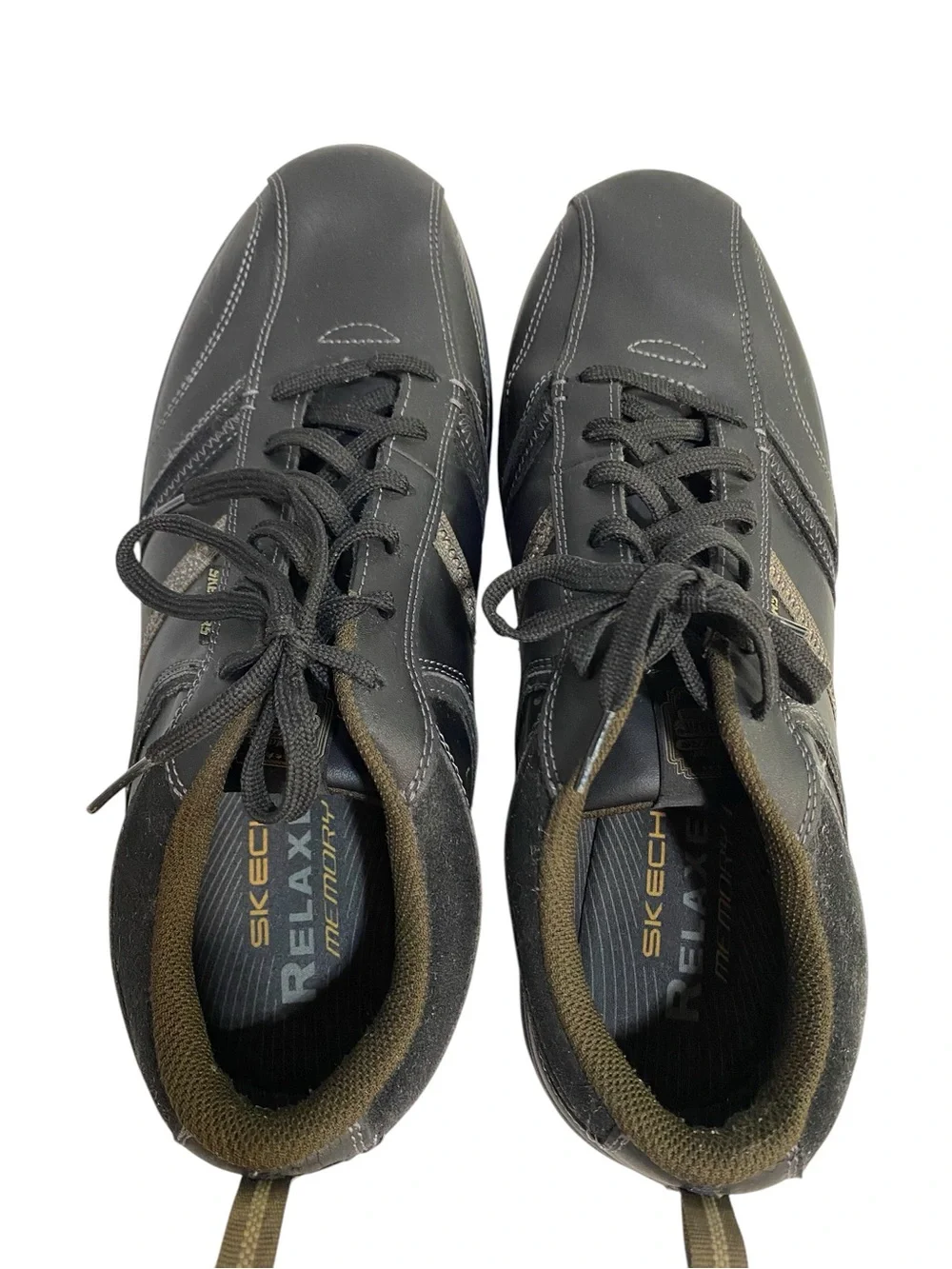 Skechers Men's Black Sneakers Leather Brown Accent Stripe Memory Foam Size 13